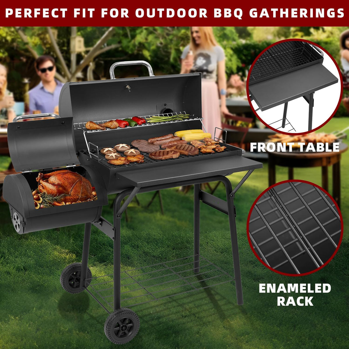 Charcoal Grill Offset Smoker 535 Sq.In.With Front Table for Outdoor BBQ