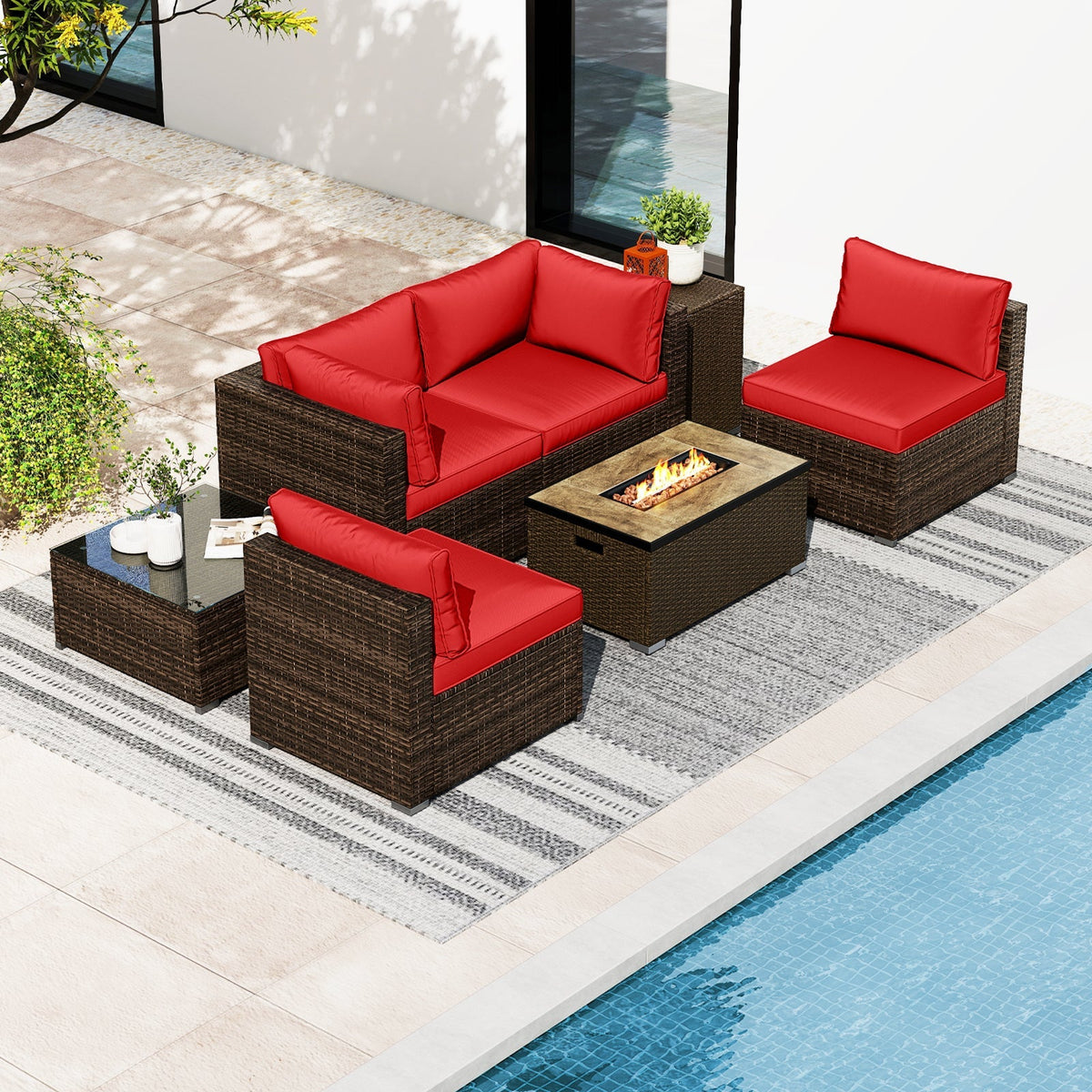 7 Pieces Outdoor Furniture Set with 32 Inch Fire Pit Table and Propane Tank Cover